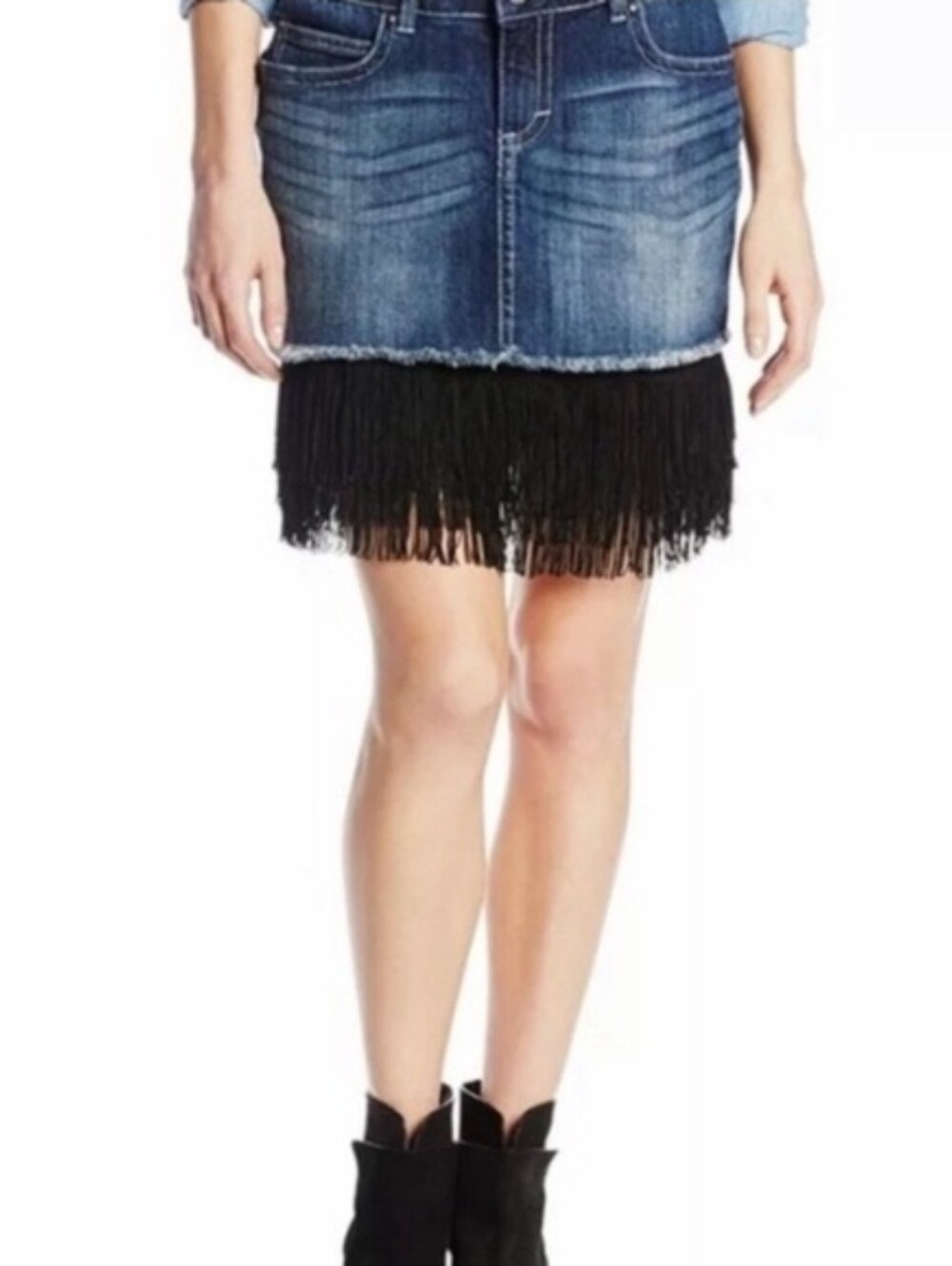 Wrangler Denim Mini Skirt With Black Fringe Trim Nwot Size 15 Western Festival